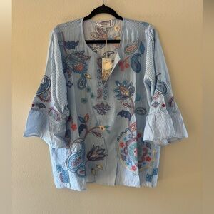 Johnny Was Blue Striped Paisley Embroidered Blouse 100% Silk NEW